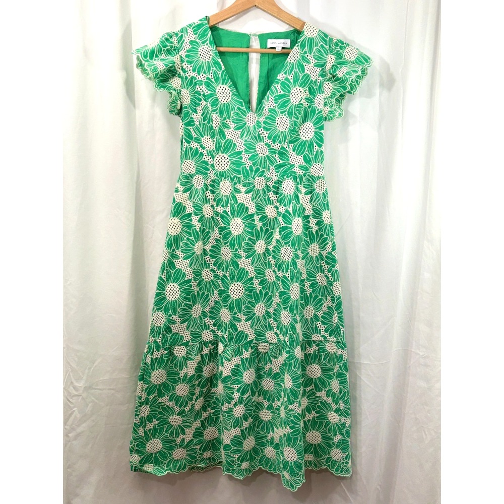 Lost + Wander Green Floral Embroidered Eyelet Midi Dress Size S Cotton Lined
